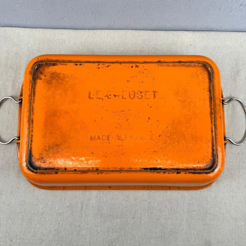 Vintage Le Creuset Flame Orange 15x10 Roasting Pan Folding Handles HTF France‎